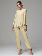 3 Pieces Long Sleeves Chiffon Mother Of The Bride Dress Pants Suits