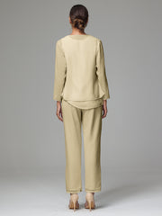 3 Pieces Long Sleeves Chiffon Mother Of The Bride Dress Pants Suits