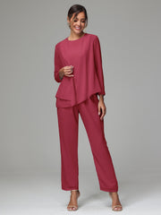 3 Pieces Long Sleeves Chiffon Mother Of The Bride Dress Pants Suits