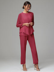 3 Pieces Long Sleeves Chiffon Mother Of The Bride Dress Pants Suits