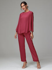 3 Pieces Long Sleeves Chiffon Mother Of The Bride Dress Pants Suits