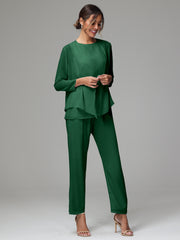 3 Pieces Long Sleeves Chiffon Mother Of The Bride Dress Pants Suits