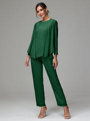 3 Pieces Long Sleeves Chiffon Mother Of The Bride Dress Pants Suits