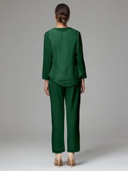 3 Pieces Long Sleeves Chiffon Mother Of The Bride Dress Pants Suits