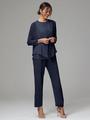 3 Pieces Long Sleeves Chiffon Mother Of The Bride Dress Pants Suits