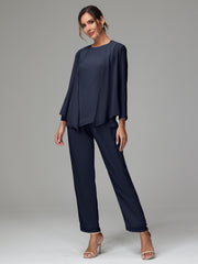 3 Pieces Long Sleeves Chiffon Mother Of The Bride Dress Pants Suits