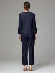 3 Pieces Long Sleeves Chiffon Mother Of The Bride Dress Pants Suits