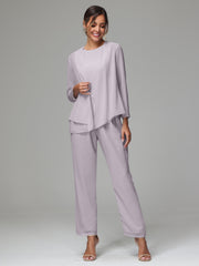 3 Pieces Long Sleeves Chiffon Mother Of The Bride Dress Pants Suits