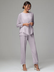 3 Pieces Long Sleeves Chiffon Mother Of The Bride Dress Pants Suits