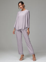 3 Pieces Long Sleeves Chiffon Mother Of The Bride Dress Pants Suits