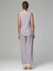 3 Pieces Long Sleeves Chiffon Mother Of The Bride Dress Pants Suits