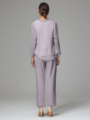 3 Pieces Long Sleeves Chiffon Mother Of The Bride Dress Pants Suits