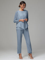 3 Pieces Long Sleeves Chiffon Mother Of The Bride Dress Pants Suits