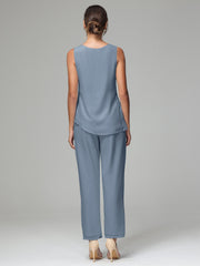 3 Pieces Long Sleeves Chiffon Mother Of The Bride Dress Pants Suits