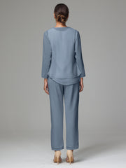 3 Pieces Long Sleeves Chiffon Mother Of The Bride Dress Pants Suits