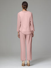 3 Pieces Long Sleeves Chiffon Mother Of The Bride Dress Pants Suits
