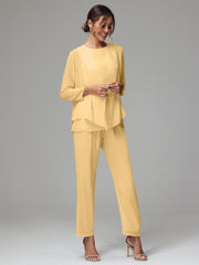 3 Pieces Long Sleeves Chiffon Mother Of The Bride Dress Pants Suits