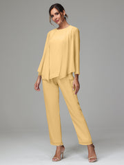 3 Pieces Long Sleeves Chiffon Mother Of The Bride Dress Pants Suits