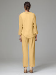 3 Pieces Long Sleeves Chiffon Mother Of The Bride Dress Pants Suits