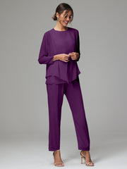3 Pieces Long Sleeves Chiffon Mother Of The Bride Dress Pants Suits