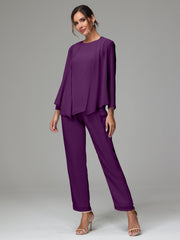 3 Pieces Long Sleeves Chiffon Mother Of The Bride Dress Pants Suits