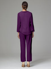 3 Pieces Long Sleeves Chiffon Mother Of The Bride Dress Pants Suits