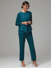 3 Pieces Long Sleeves Chiffon Mother Of The Bride Dress Pants Suits