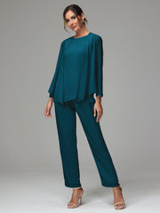 3 Pieces Long Sleeves Chiffon Mother Of The Bride Dress Pants Suits