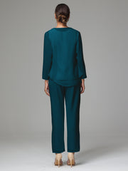 3 Pieces Long Sleeves Chiffon Mother Of The Bride Dress Pants Suits