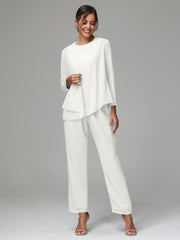 3 Pieces Long Sleeves Chiffon Mother Of The Bride Dress Pants Suits