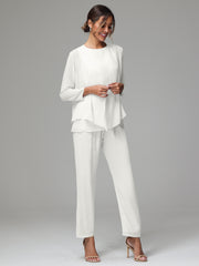3 Pieces Long Sleeves Chiffon Mother Of The Bride Dress Pants Suits