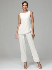 3 Pieces Long Sleeves Chiffon Mother Of The Bride Dress Pants Suits