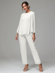 3 Pieces Long Sleeves Chiffon Mother Of The Bride Dress Pants Suits