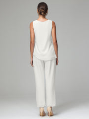 3 Pieces Long Sleeves Chiffon Mother Of The Bride Dress Pants Suits