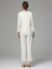3 Pieces Long Sleeves Chiffon Mother Of The Bride Dress Pants Suits