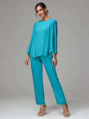 3 Pieces Long Sleeves Chiffon Mother Of The Bride Dress Pants Suits