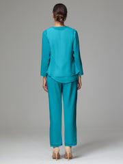 3 Pieces Long Sleeves Chiffon Mother Of The Bride Dress Pants Suits