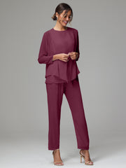 3 Pieces Long Sleeves Chiffon Mother Of The Bride Dress Pants Suits