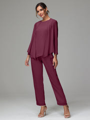 3 Pieces Long Sleeves Chiffon Mother Of The Bride Dress Pants Suits