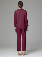 3 Pieces Long Sleeves Chiffon Mother Of The Bride Dress Pants Suits
