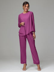 3 Pieces Long Sleeves Chiffon Mother Of The Bride Dress Pants Suits