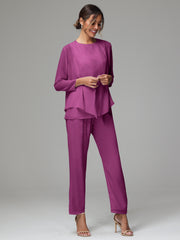3 Pieces Long Sleeves Chiffon Mother Of The Bride Dress Pants Suits