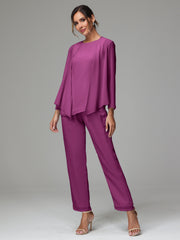 3 Pieces Long Sleeves Chiffon Mother Of The Bride Dress Pants Suits