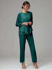 3 Pieces Long Sleeves Chiffon Mother Of The Bride Dress Pants Suits