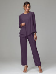 3 Pieces Long Sleeves Chiffon Mother Of The Bride Dress Pants Suits