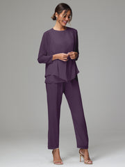 3 Pieces Long Sleeves Chiffon Mother Of The Bride Dress Pants Suits