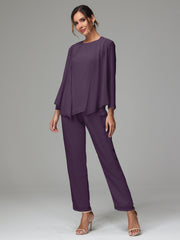 3 Pieces Long Sleeves Chiffon Mother Of The Bride Dress Pants Suits