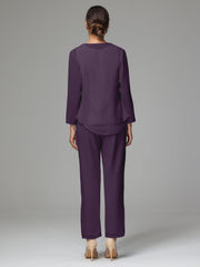 3 Pieces Long Sleeves Chiffon Mother Of The Bride Dress Pants Suits