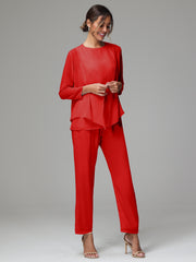 3 Pieces Long Sleeves Chiffon Mother Of The Bride Dress Pants Suits