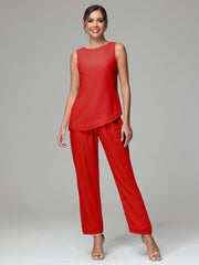 3 Pieces Long Sleeves Chiffon Mother Of The Bride Dress Pants Suits